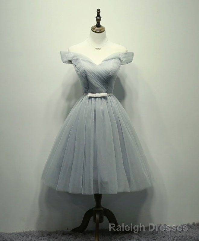 Simple Gray Tulle Short Prom Dress, Gray Tulle Bridesmaid Dress