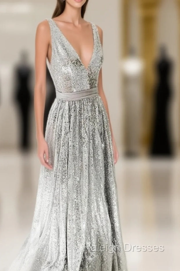 Simple Gray V Neck Sequin Long Prom Dress Gray Formal Dress
