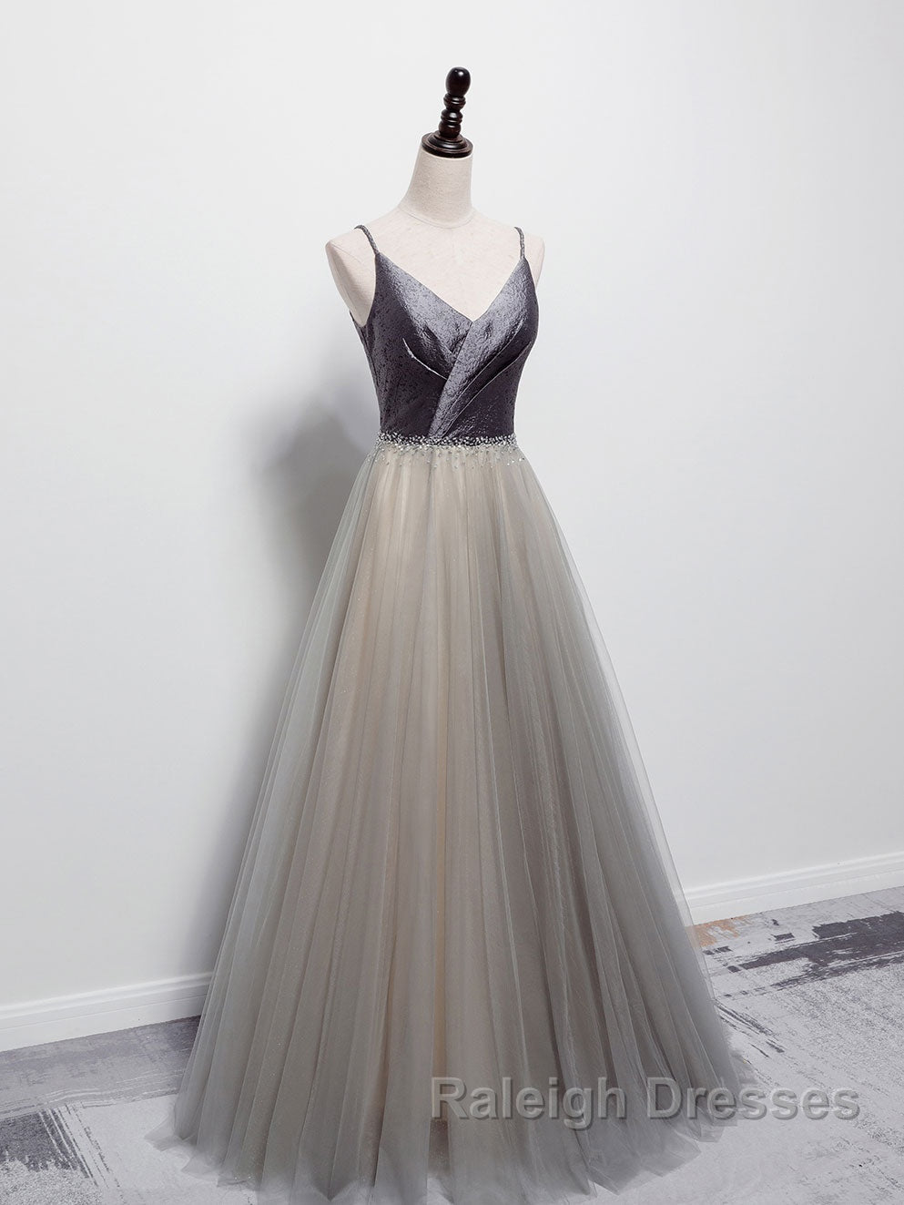 Simple gray v neck tulle long prom dress, gray tulle formal dress Secondary image
