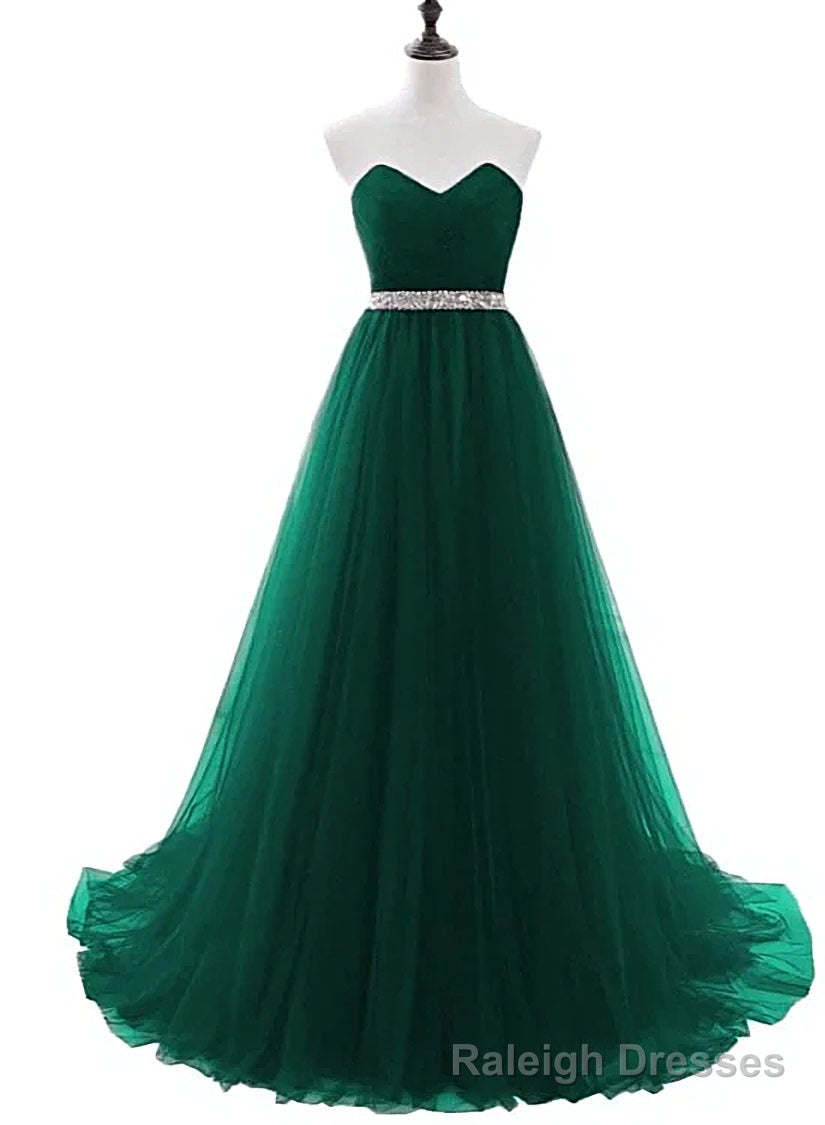 Simple Green Beaded Waist Tulle A-line Floor Length Party Dress, Green Formal Dress Secondary image