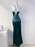 Simple Green Mermaid Pleated Crisscross Sash Slit Satin Long Formal Prom Dress Bridesmaid Dress