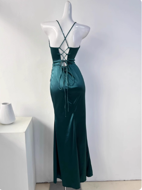 Simple Green Mermaid Pleated Crisscross Sash Slit Satin Long Formal Prom Dress Bridesmaid Dress