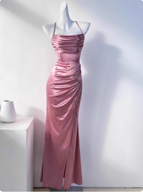 Simple Green Mermaid Pleated Crisscross Sash Slit Satin Long Formal Prom Dress Bridesmaid Dress