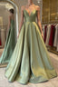 Simple green satin long prom dress, green bridesmaid dress