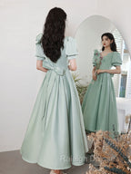 Simple Green V Neck Satin Short Prom Dress, Green Evening Dress