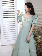 Simple Green V Neck Satin Short Prom Dress, Green Evening Dress