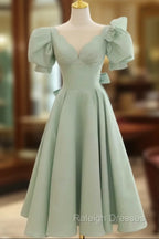 Simple Green V Neck Satin Short Prom Dress, Green Evening Dress