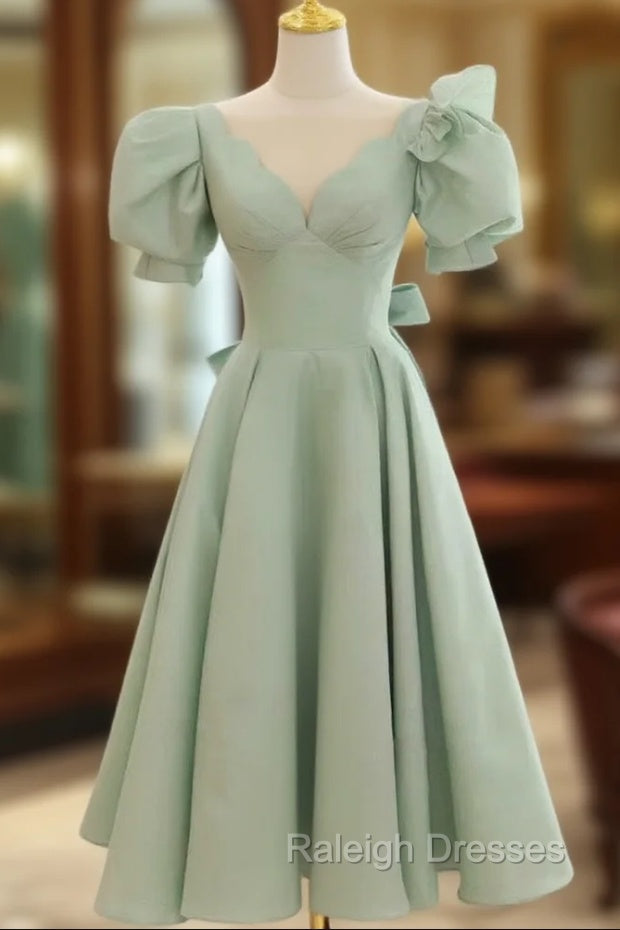 Simple Green V Neck Satin Short Prom Dress, Green Prom Dress Main image