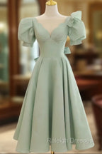 Simple Green V Neck Satin Short Prom Dress, Green Prom Dress