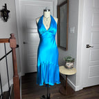 Simple Halter Neck Satin Blue Open Back Homecoming Dress