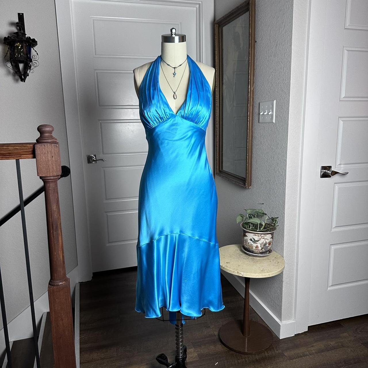 Simple Halter Neck Satin Blue Open Back Homecoming Dress Main image