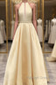 Simple Halter Yellow Satin Long Prom Dresses 2019, Yellow Formal Dresses Long Evening Dresses