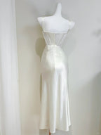 Simple Ivory Mermaid Square Neck Strapless Pleated Satin Formal Prom Dress Bridesmaid Dress