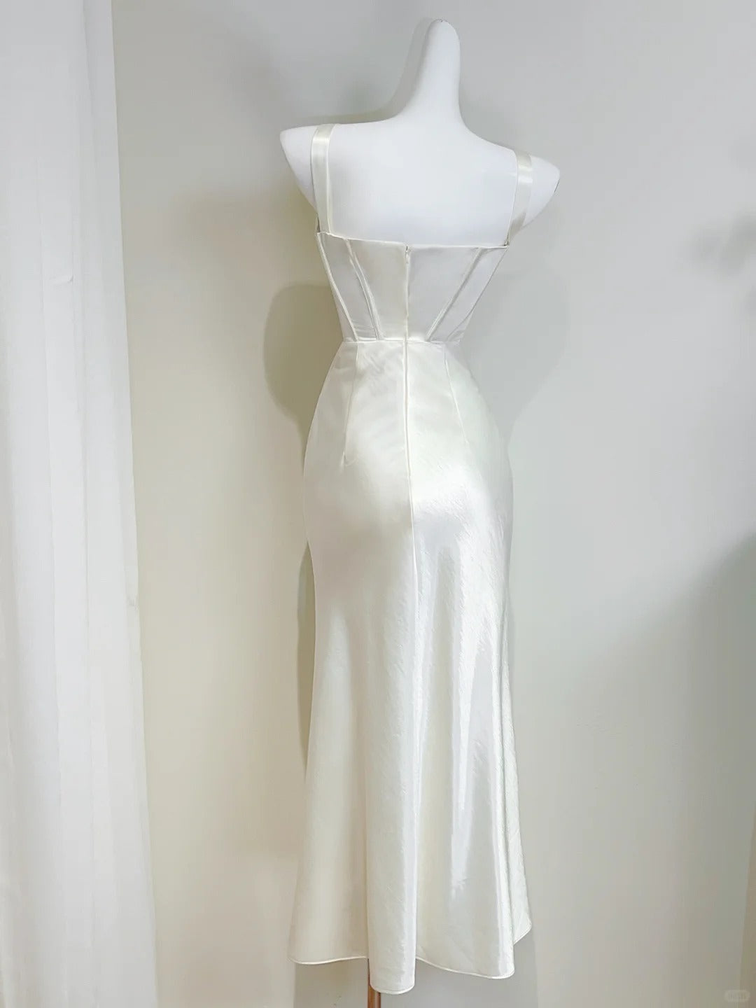 Simple Ivory Mermaid Square Neck Strapless Pleated Satin Formal Prom Dress Bridesmaid Dress