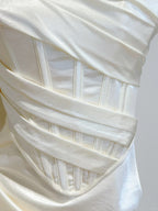 Simple Ivory Mermaid Square Neck Strapless Pleated Satin Formal Prom Dress Bridesmaid Dress