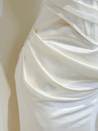 Simple Ivory Mermaid Square Neck Strapless Pleated Satin Formal Prom Dress Bridesmaid Dress