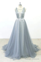 Simple Lace A-Line Tulle Prom Dresses Long With A Train