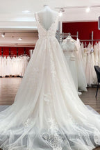 Simple Long A Line Tulle Lace V Neck Appliques Lace Open Back Wedding Dresses