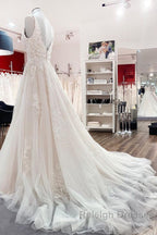 Simple Long A Line Tulle Lace V Neck Appliques Lace Open Back Wedding Dresses