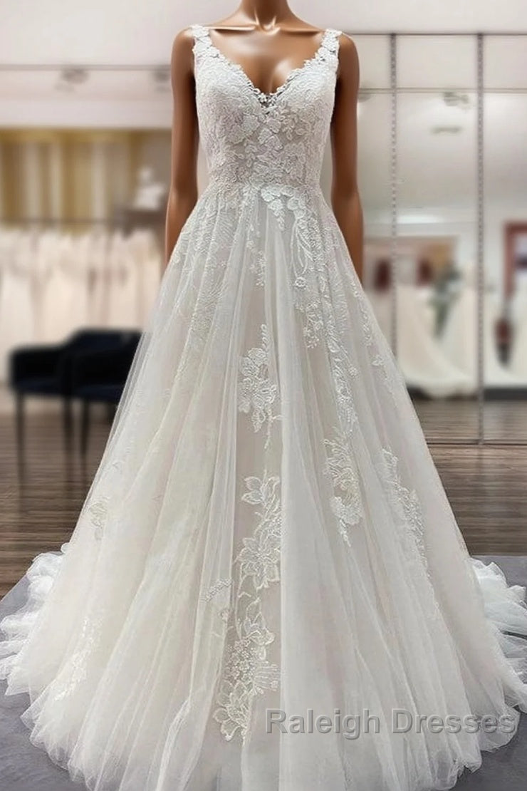 Simple Long A Line Tulle Lace V Neck Appliques Lace Open Back Wedding Dresses Main image