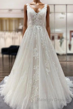 Simple Long A Line Tulle Lace V Neck Appliques Lace Open Back Wedding Dresses