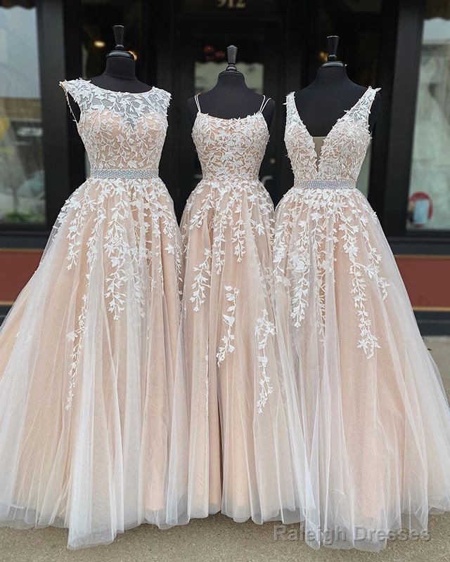 Simple Long Beaded Lace Tulle Prom Dresses Open Back Secondary image