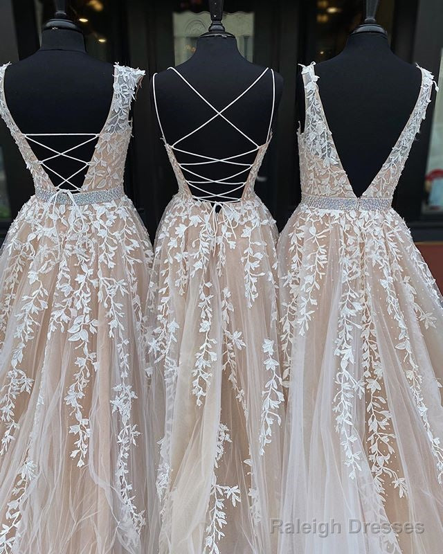 Simple Long Beaded Lace Tulle Prom Dresses Open Back