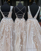 Simple Long Beaded Lace Tulle Prom Dress Open Back