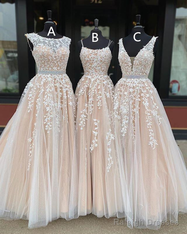 Simple Long Beaded Lace Tulle Prom Dresses Open Back Main image