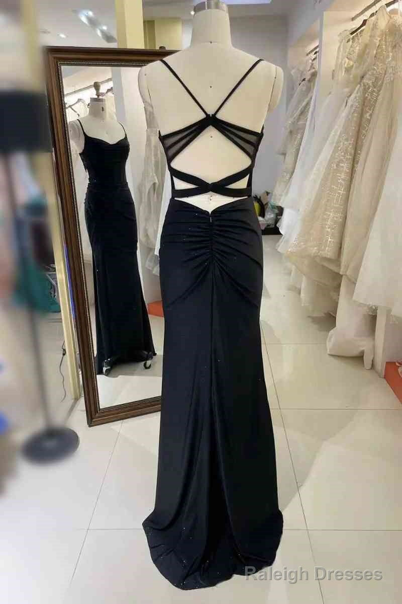 Simple Long Black Satin Prom Dress Pleated Spaghetti Straps