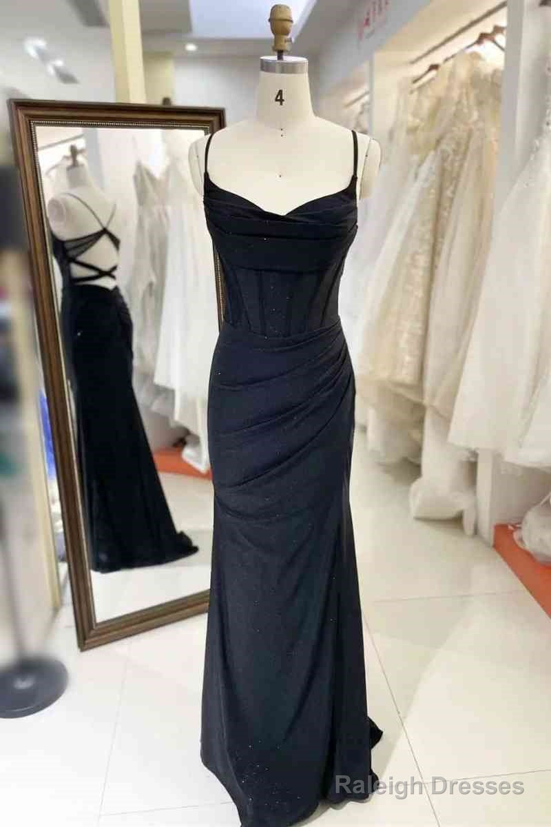 Simple Long Black Satin Prom Dresses Pleated Spaghetti Straps Main image