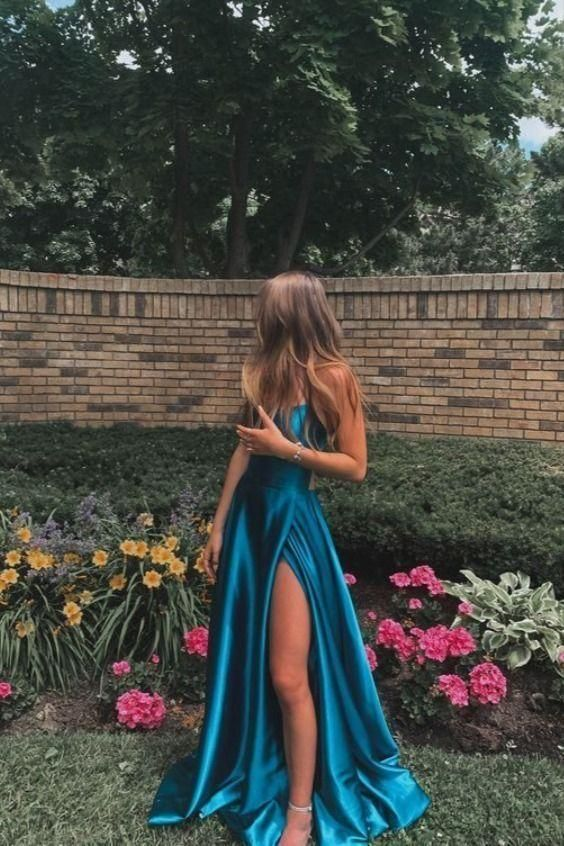 Simple Long Prom Dress With Slit Blue Formal Dress Evening Dress