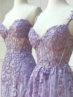 Simple Long Purple Lace Prom Dresses Evening Dress