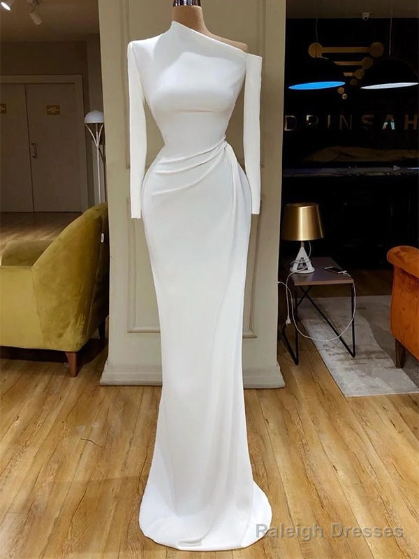 Simple Long Sleeves White Mermaid Satin Wedding Dresses Main image