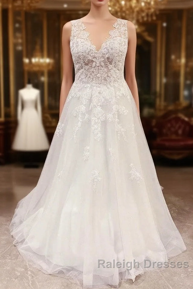 Simple Long V Neck A Line Backless Wedding Dresses With Appliques Lace Main image