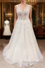 Simple Long V Neck A Line Backless Wedding Dresses With Appliques Lace