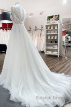 Simple Long V Neck Sequins Ruffles A Line Tulle Backless Wedding Dresses