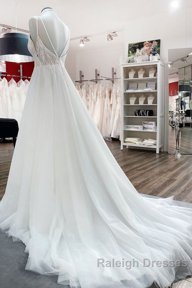 Simple Long V Neck Sequins Ruffles A Line Tulle Backless Wedding Dresses