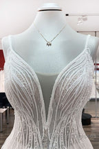 Simple Long V Neck Sequins Ruffles A Line Tulle Backless Wedding Dresses