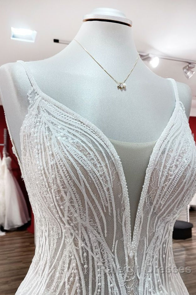 Simple Long V-neck Sequins Ruffles A-line Tulle Backless Wedding Dress