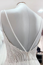 Simple Long V-neck Sequins Ruffles A-line Tulle Backless Wedding Dress