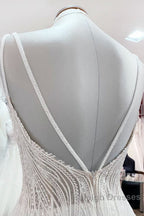 Simple Long V Neck Sequins Ruffles A Line Tulle Backless Wedding Dresses