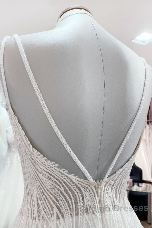 Simple Long V Neck Sequins Ruffles A Line Tulle Backless Wedding Dresses