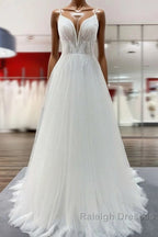 Simple Long V Neck Sequins Ruffles A Line Tulle Backless Wedding Dresses