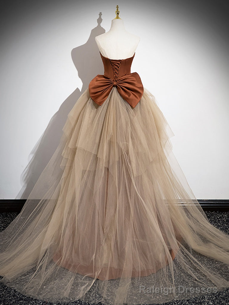 Simple Mermaid Brown/Champagne Satin Tulle Long Prom Dress, Brown Long Evening Dress Secondary image