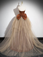Simple Mermaid Brown/Champagne Satin Tulle Long Prom Dress, Brown Long Evening Dress