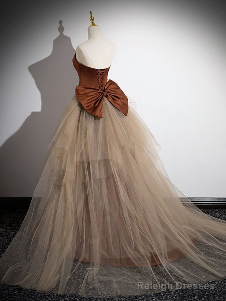 Simple Mermaid Brown/Champagne Satin Tulle Long Prom Dresses Brown Long Prom Dresses