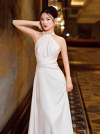 Simple Mermaid Halter Prom Dress Long White Prom Dress