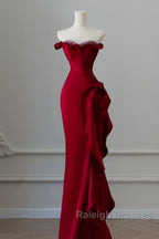 Simple Mermaid Off The Shoulder Neckline Burgundy Sequin Long Prom Dresses