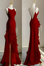 Simple Mermaid Prom Gowns With Ruffles Spaghetti Straps Backless Prom Dresses For Date